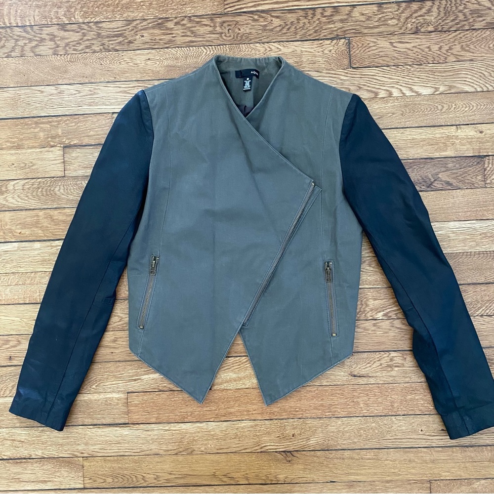 Bloomingdale’s Aqua Cropped Faux Leather & Army Green Jacket